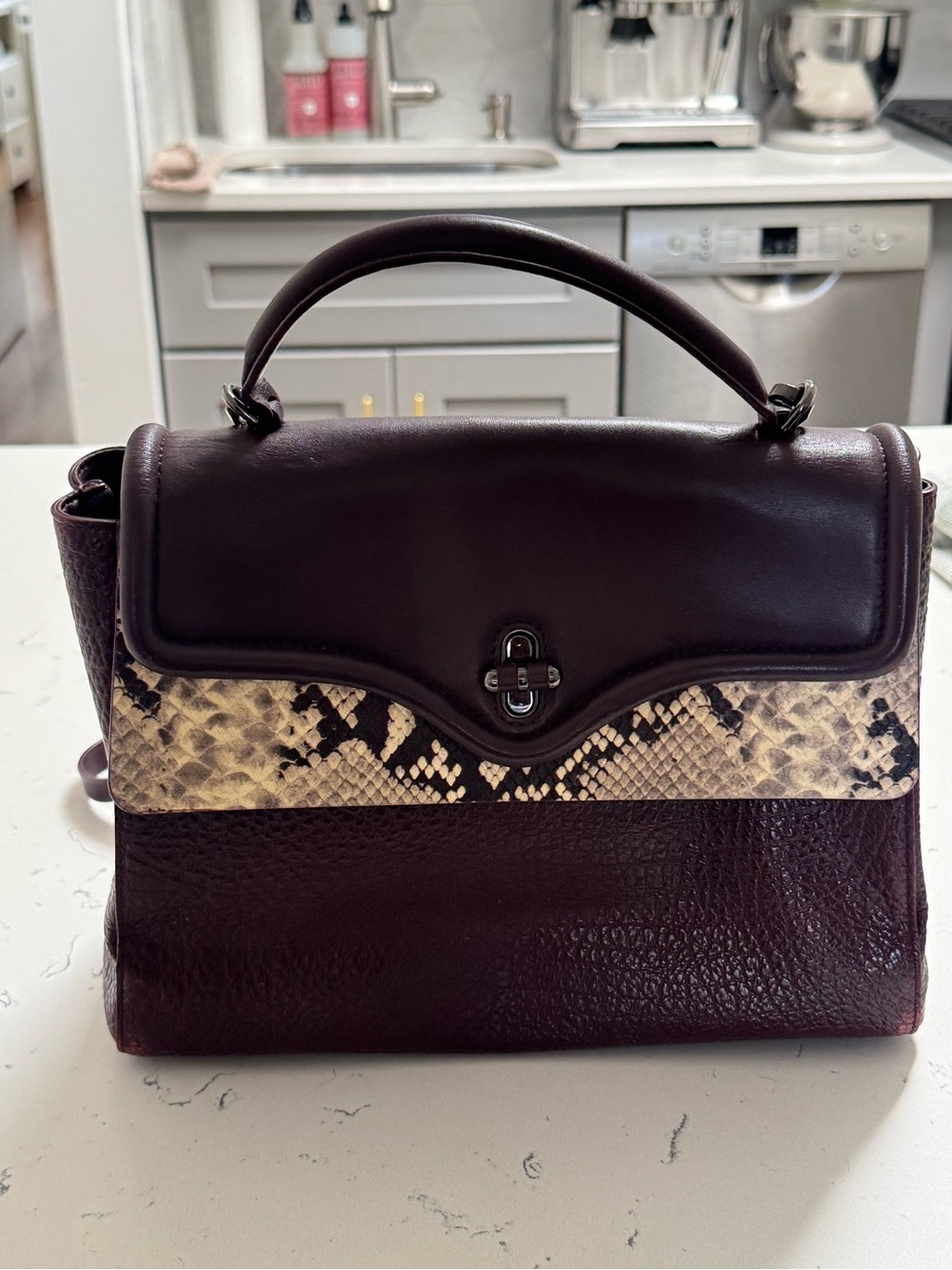 Rebecca Minkoff Dark Burgundy Leather Satchel with Snake-Print Accent